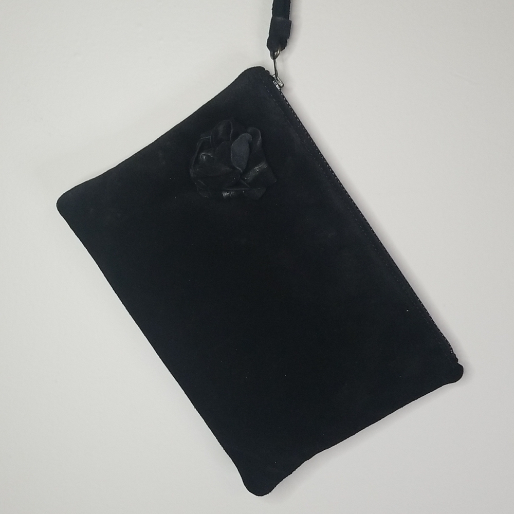 Ruth Saltz Black Suede Wristlet Clutch Rose